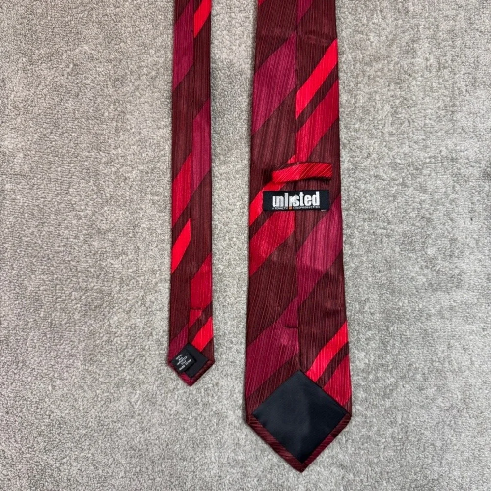 Unlisted Kenneth Cole Mens Red Burgundy Striped 100% Silk Necktie Hand Sewn